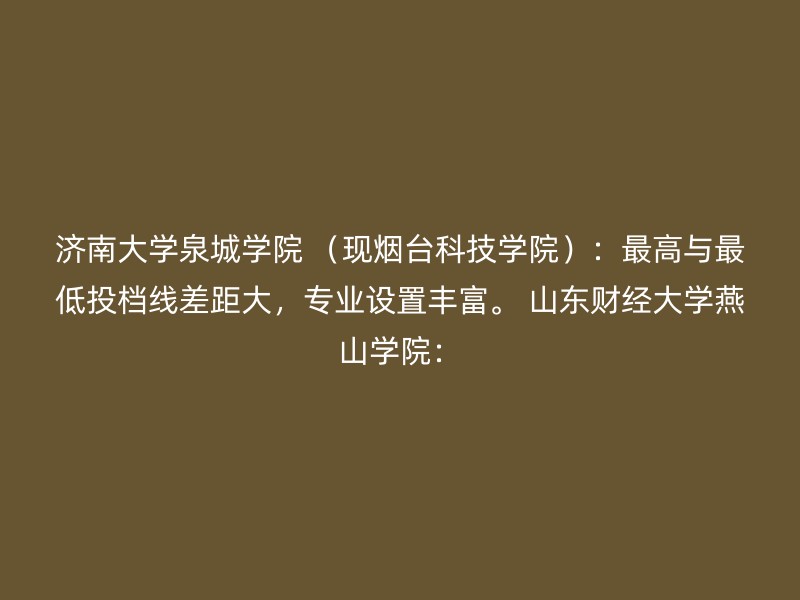 济南大学泉城学院 （现烟台科技学院）：最高与最低投档线差距大，专业设置丰富。 山东财经大学燕山学院：