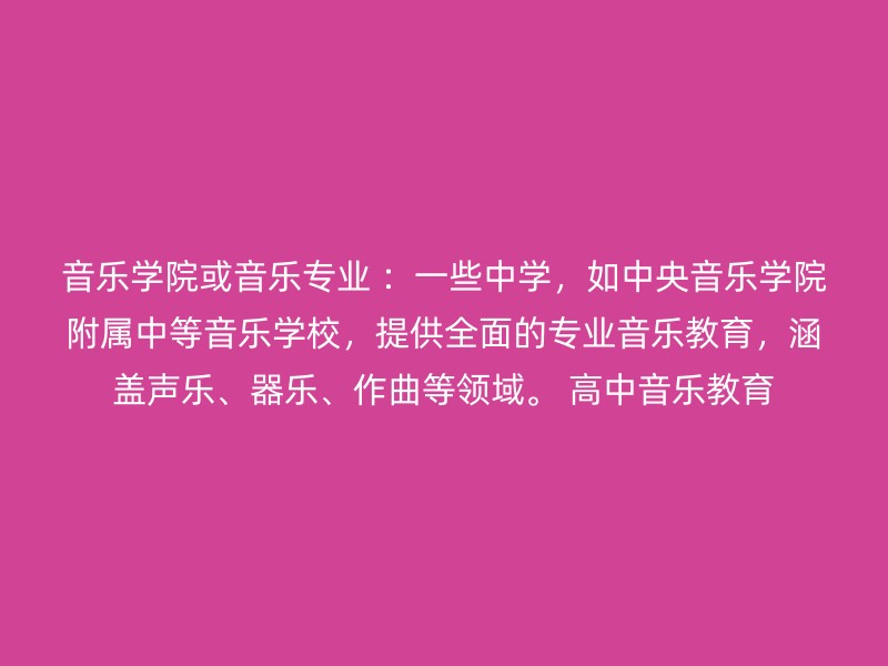 音乐学院或音乐专业 ：一些中学，如中央音乐学院附属中等音乐学校，提供全面的专业音乐教育，涵盖声乐、器乐、作曲等领域。 高中音乐教育