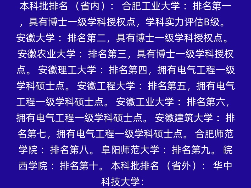 本科批排名 （省内）： 合肥工业大学 ：排名第一，具有博士一级学科授权点，学科实力评估B级。 安徽大学 ：排名第二，具有博士一级学科授权点。 安徽农业大学 ：排名第三，具有博士一级学科授权点。 安徽理工大学 ：排名第四，拥有电气工程一级学科硕士点。 安徽工程大学 ：排名第五，拥有电气工程一级学科硕士点。 安徽工业大学 ：排名第六，拥有电气工程一级学科硕士点。 安徽建筑大学 ：排名第七，拥有电气工程一级学科硕士点。 合肥师范学院 ：排名第八。 阜阳师范大学 ：排名第九。 皖西学院 ：排名第十。 本科批排名 （省外）： 华中科技大学：