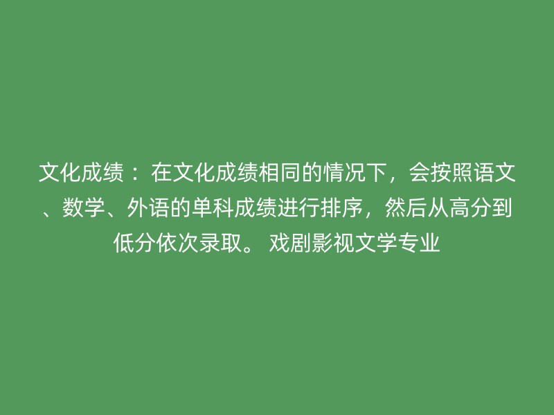 文化成绩 ：在文化成绩相同的情况下，会按照语文、数学、外语的单科成绩进行排序，然后从高分到低分依次录取。 戏剧影视文学专业