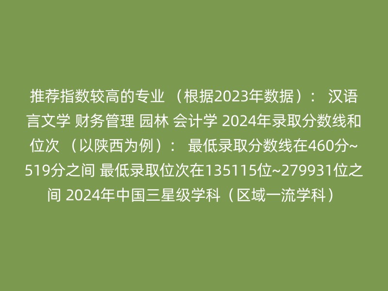 推荐指数较高的专业 （根据2023年数据）： 汉语言文学 财务管理 园林 会计学 2024年录取分数线和位次 （以陕西为例）： 最低录取分数线在460分~519分之间 最低录取位次在135115位~279931位之间 2024年中国三星级学科（区域一流学科）