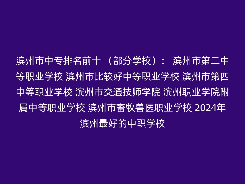 滨州市中专排名前十 （部分学校）： 滨州市第二中等职业学校 滨州市比较好中等职业学校 滨州市第四中等职业学校 滨州市交通技师学院 滨州职业学院附属中等职业学校 滨州市畜牧兽医职业学校 2024年滨州最好的中职学校