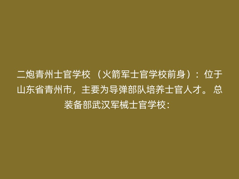 二炮青州士官学校 （火箭军士官学校前身）：位于山东省青州市，主要为导弹部队培养士官人才。 总装备部武汉军械士官学校：