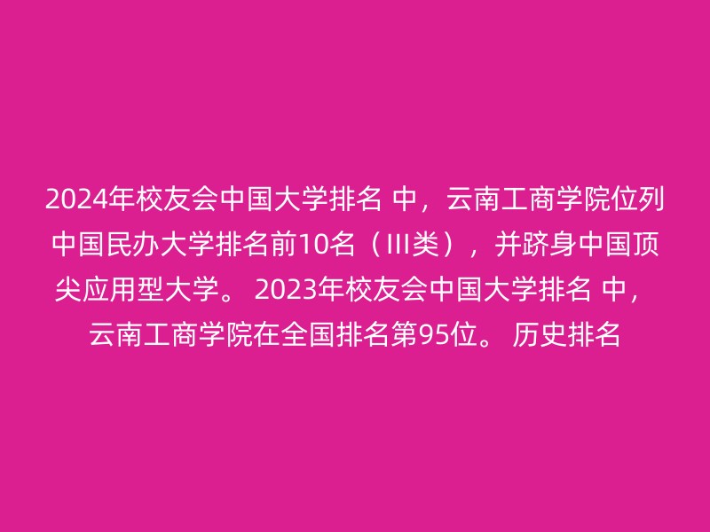 2024年校友会中国大学排名 中，云南工商学院位列中国民办大学排名前10名（Ⅲ类），并跻身中国顶尖应用型大学。 2023年校友会中国大学排名 中，云南工商学院在全国排名第95位。 历史排名