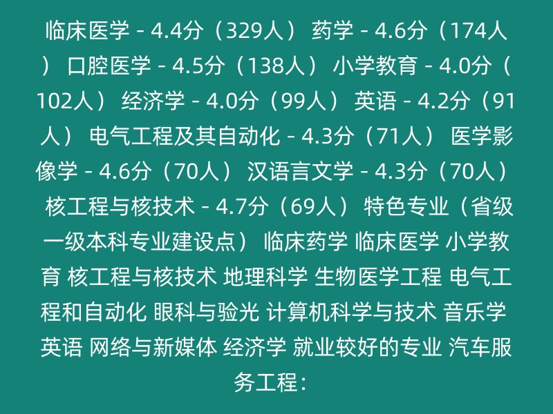 临床医学 - 4.4分（329人） 药学 - 4.6分（174人） 口腔医学 - 4.5分（138人） 小学教育 - 4.0分（102人） 经济学 - 4.0分（99人） 英语 - 4.2分（91人） 电气工程及其自动化 - 4.3分（71人） 医学影像学 - 4.6分（70人） 汉语言文学 - 4.3分（70人） 核工程与核技术 - 4.7分（69人） 特色专业（省级一级本科专业建设点） 临床药学 临床医学 小学教育 核工程与核技术 地理科学 生物医学工程 电气工程和自动化 眼科与验光 计算机科学与技术 音乐学 英语 网络与新媒体 经济学 就业较好的专业 汽车服务工程：